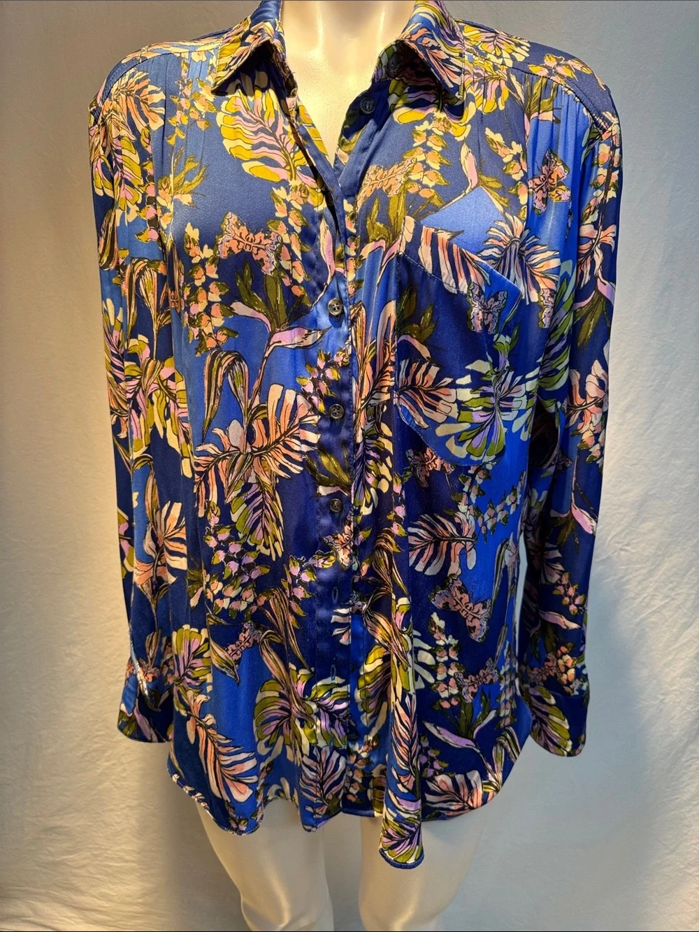 Free People Navy Blue Botanical Satin Button-Down Blouse